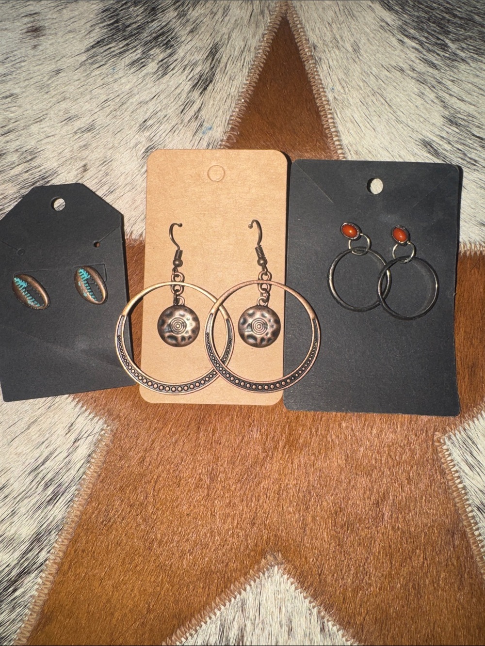 Women's Copper Hoop and Dangle Earrings - Turquoise and Orange Accents